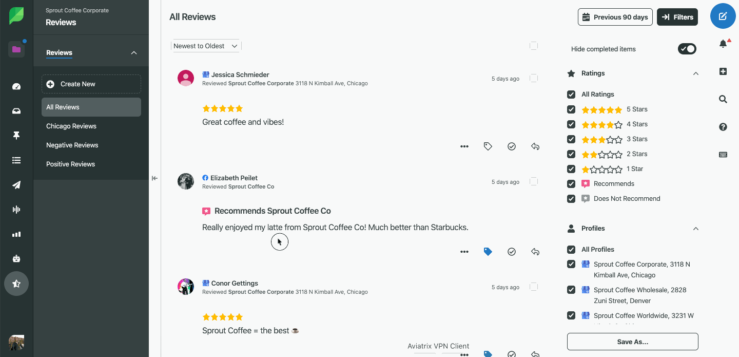 A gif of Sprout Social's review management tool.