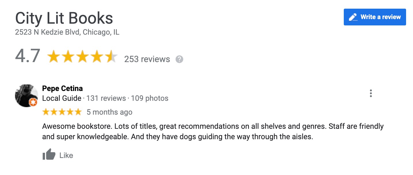 A screenshot of a Google review for City Lit Bookstore.