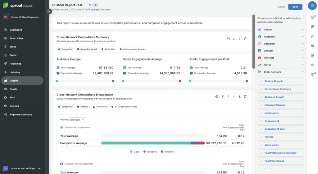 A screenshot of a custom report in Sprout where the Cross-Network Competitors Summary widget and Cross-Network Competitors Engagement widget have been selected for the custom report to highlight competitor performance.
